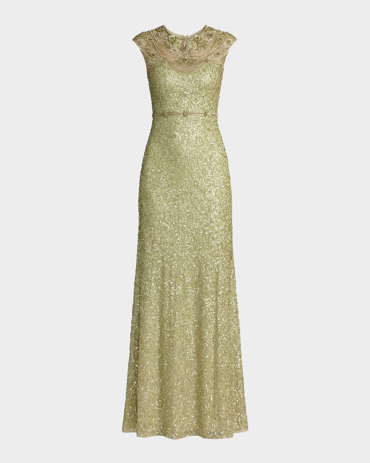 Mac Duggal Cap-Sleeve Beaded Mesh Column Gown