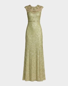 Mac Duggal Cap-Sleeve Beaded Mesh Column Gown