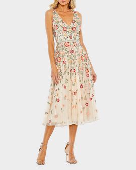 Mac Duggal Cocktail Floral Embroidered V-Neck Midi-Dress
