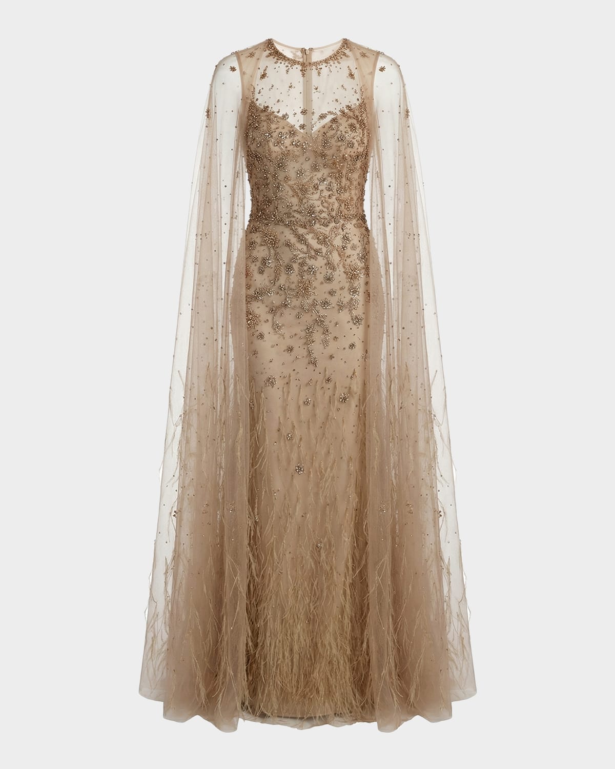 Mac Duggal Crystal-Embellished Feather Cape Column Gown