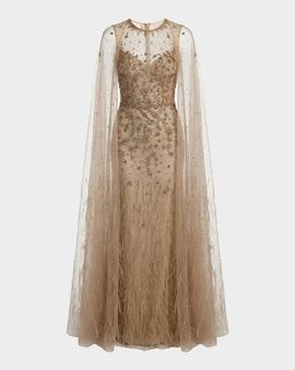 Mac Duggal Crystal-Embellished Feather Cape Column Gown