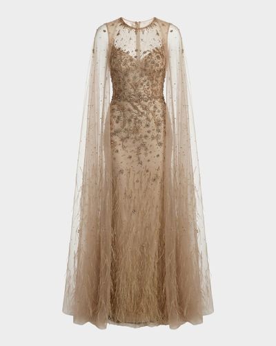 Mac Duggal Crystal-Embellished Feather Cape Column Gown