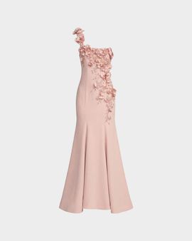 Mac Duggal Embellished Floral Appliqué Crepe One-Shoulder Gown