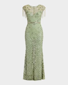 Mac Duggal Embellished Fringe Column Gown