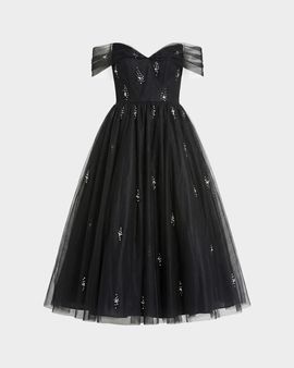 Mac Duggal Embellished Off-The-Shoulder Cocktail Midi Dress