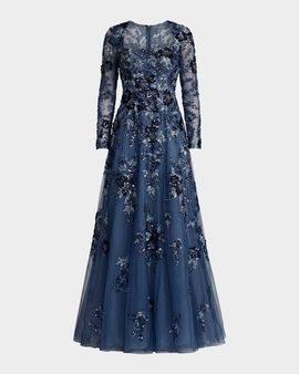 Mac Duggal Embroidered Beaded Mesh Gown