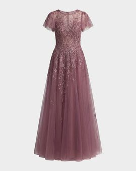 Mac Duggal Embroidered Tulle Flutter Sleeve Ballgown