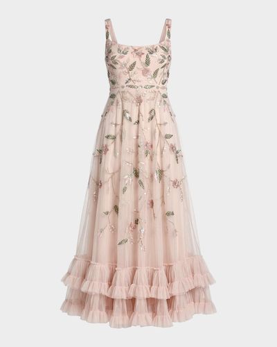 Mac Duggal Floral-Embrodered Ruffle Midi Dress