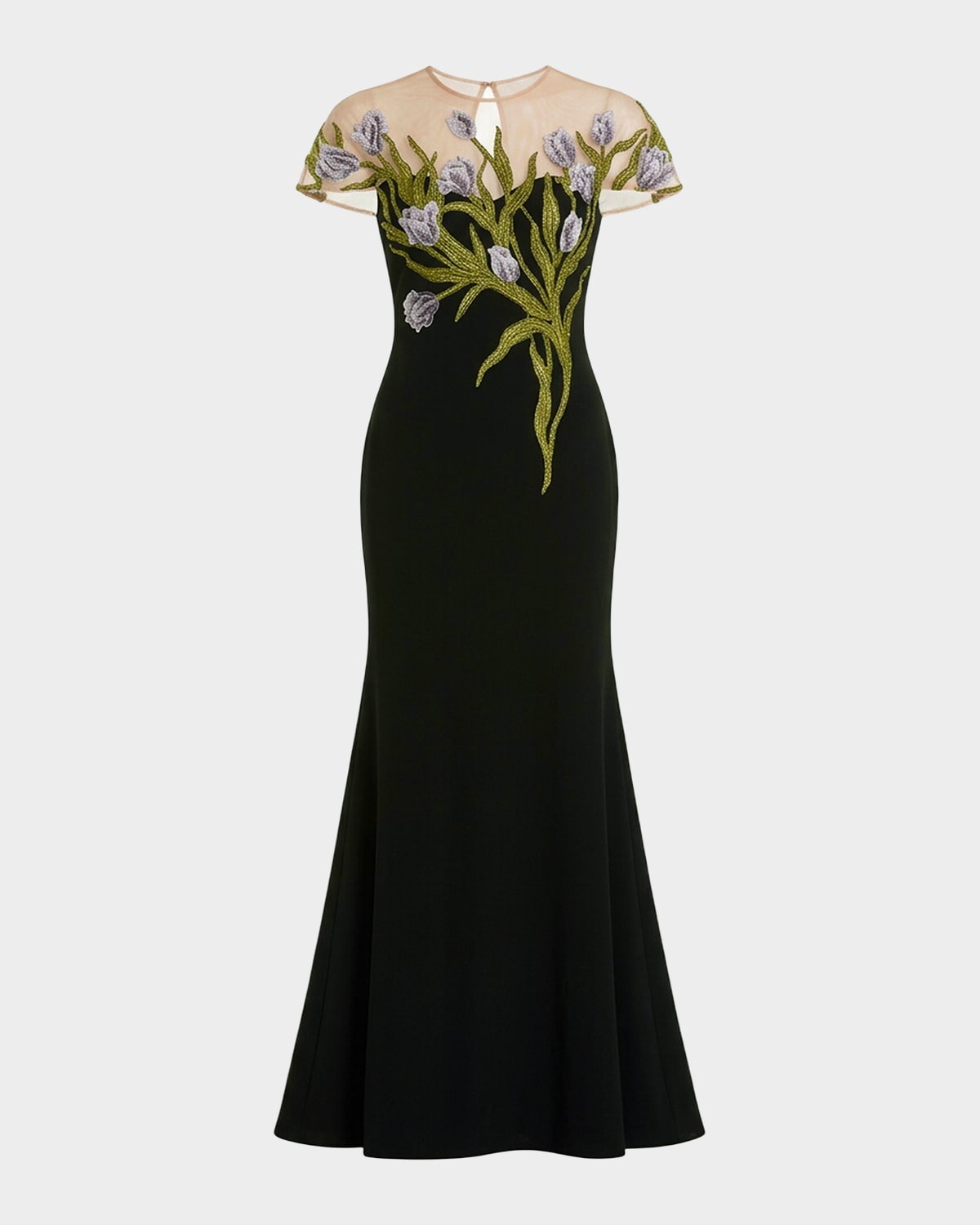 Mac Duggal Floral-Embroidered Illusion-Neck Gown