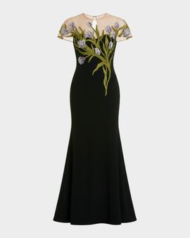 Mac Duggal Floral-Embroidered Illusion-Neck Gown