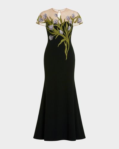 Mac Duggal Floral-Embroidered Illusion-Neck Gown