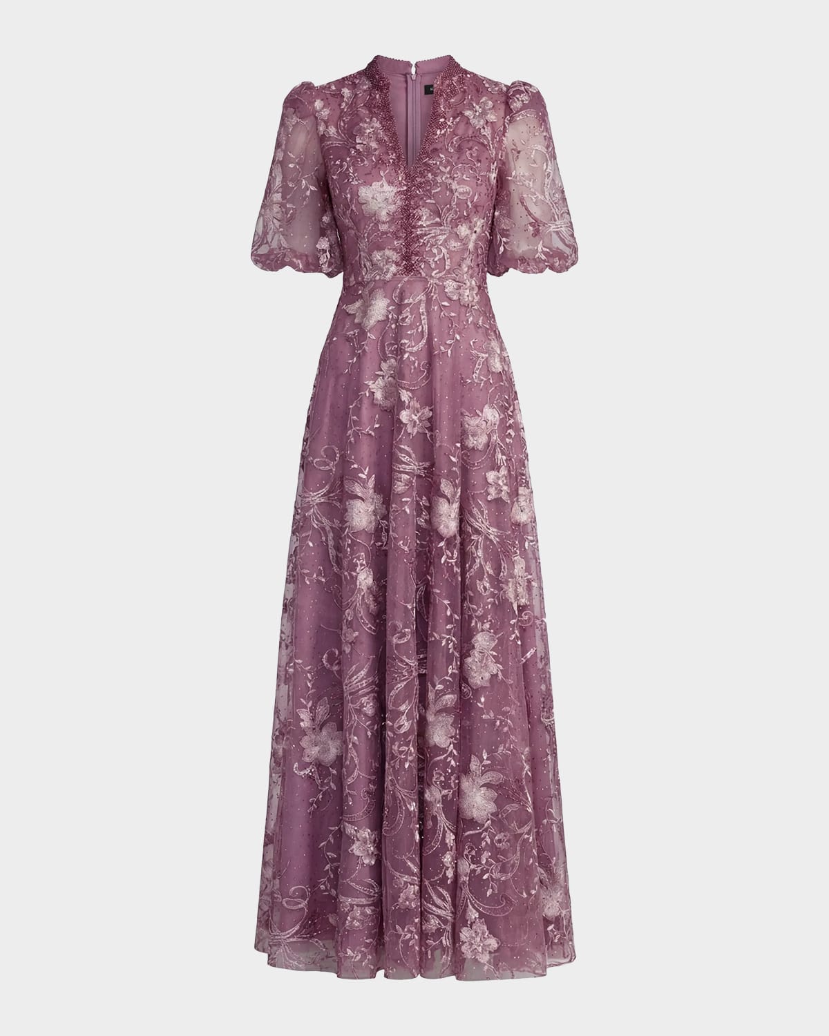 Mac Duggal Floral-Embroidered Puff A-Line Gown