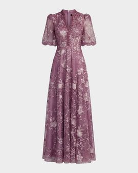 Mac Duggal Floral-Embroidered Puff A-Line Gown