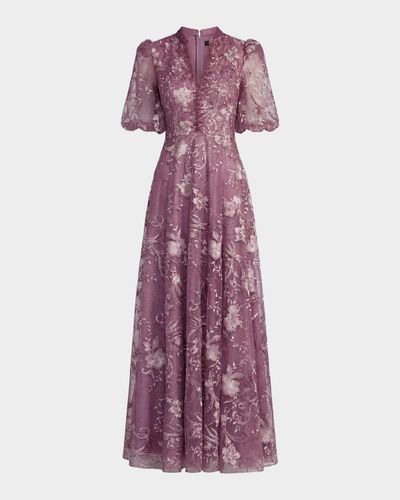Mac Duggal Floral-Embroidered Puff A-Line Gown