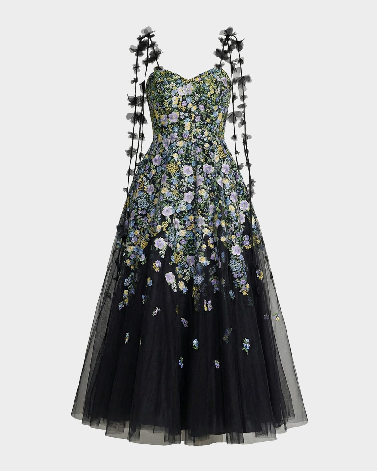 Mac Duggal Floral-Embroidered Tassel Tulle A-Line Cocktail Maxi Dress