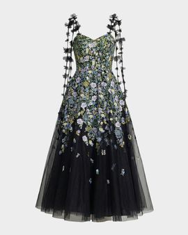 Mac Duggal Floral-Embroidered Tassel Tulle A-Line Cocktail Maxi Dress