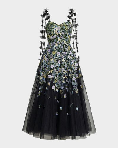 Mac Duggal Floral-Embroidered Tassel Tulle A-Line Cocktail Maxi Dress