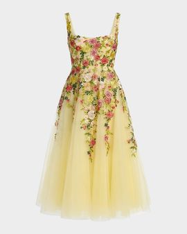 Mac Duggal Floral-Embroidered Tulle A-Line Midi Dress