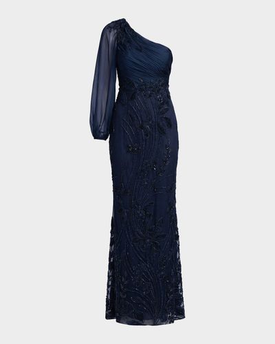 Mac Duggal Floral Appliqué Chiffon Trumpet One-Shoulder Gown