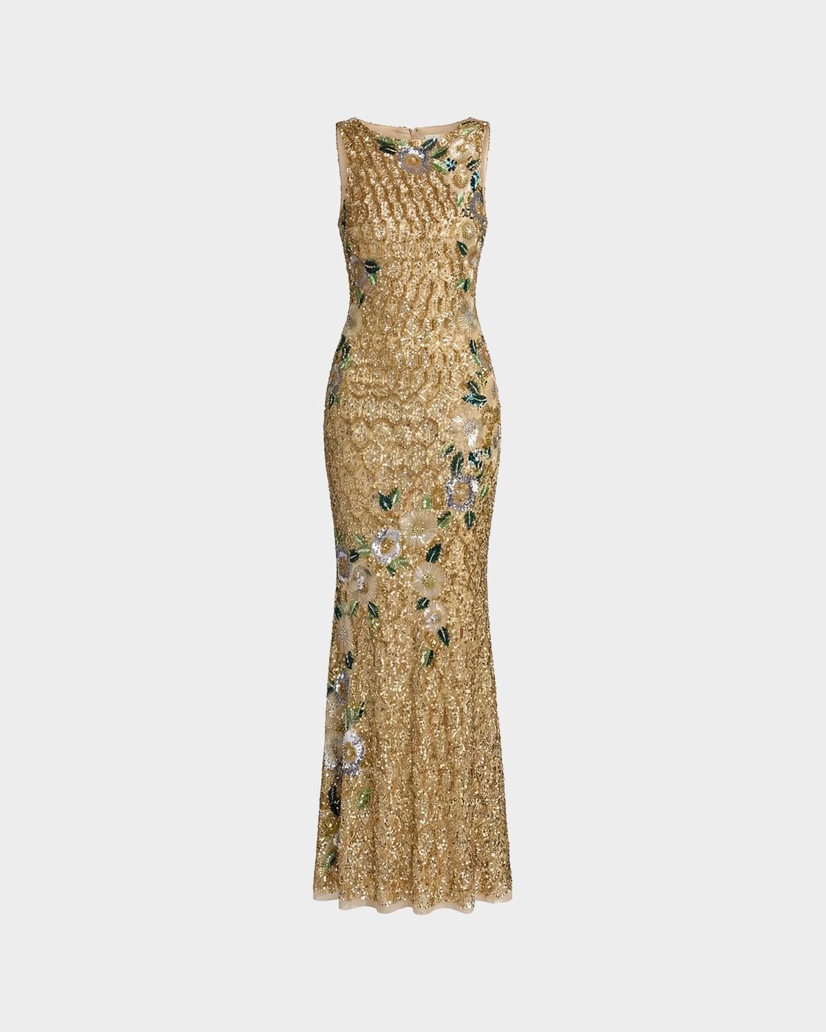 Mac Duggal Floral Beaded Mesh Sleeveless Gown