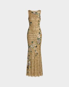 Mac Duggal Floral Beaded Mesh Sleeveless Gown