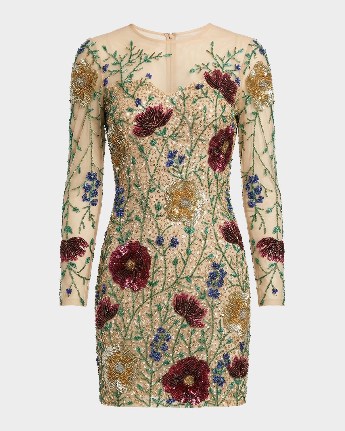 Mac Duggal Floral Beaded Sequin Mesh Mini Dress