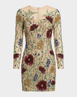 Mac Duggal Floral Beaded Sequin Mesh Mini Dress