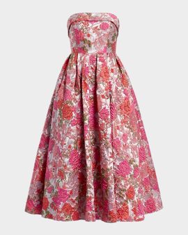 Mac Duggal Floral Brocade Fit-and-Flare Strapless Midi Dress