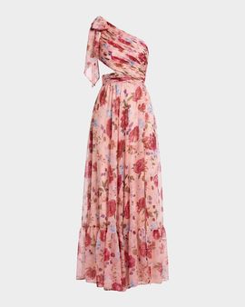 Mac Duggal Floral Chiffon Tied One-Shoulder Gown