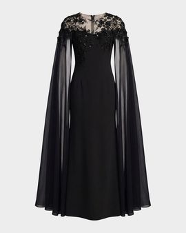 Mac Duggal Floral Embellished Chiffon Cape Gown