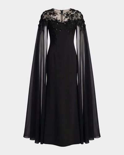 Mac Duggal Floral Embellished Chiffon Cape Gown