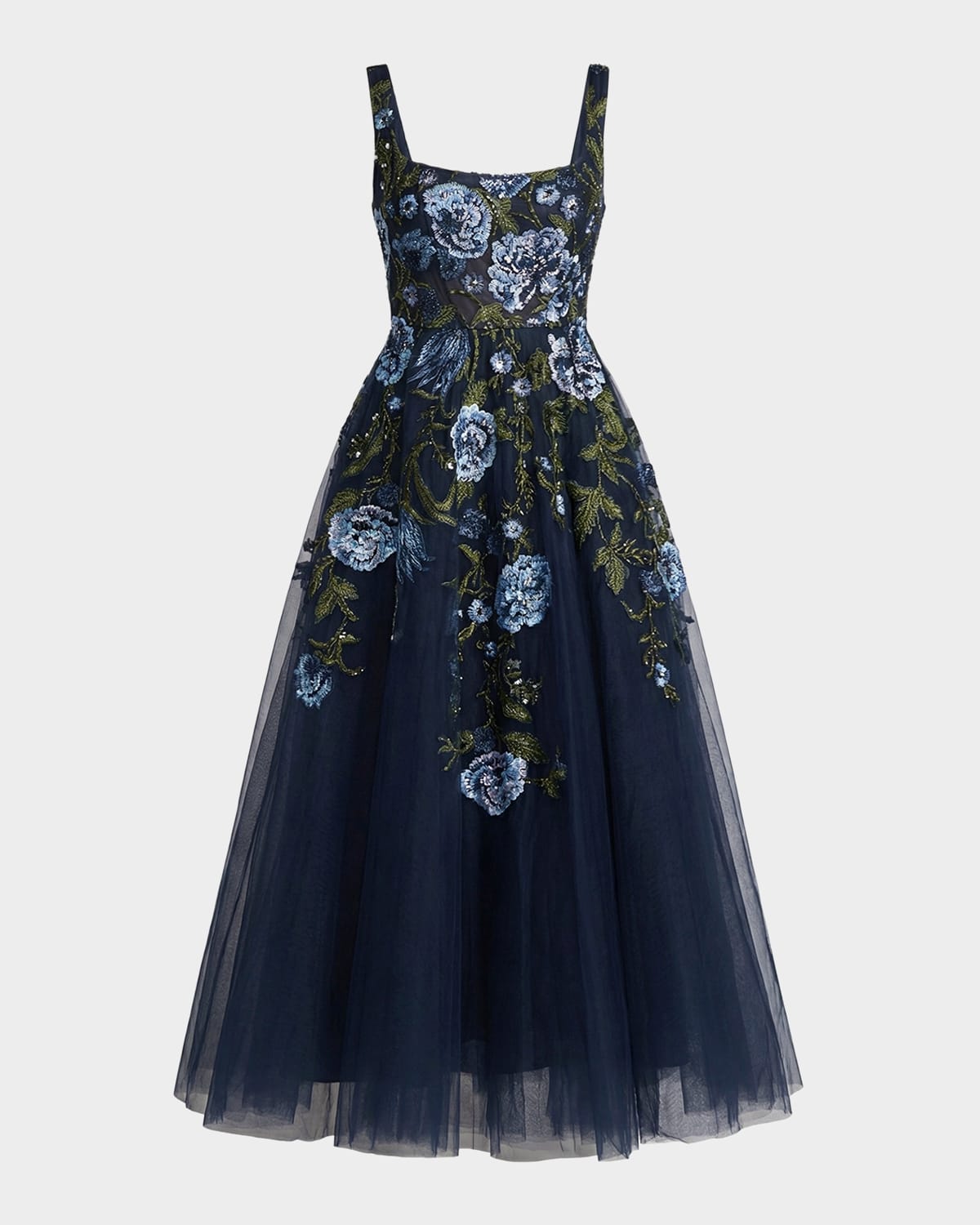 Mac Duggal Floral Embroidered Tulle Tea-Length Cocktail Dress