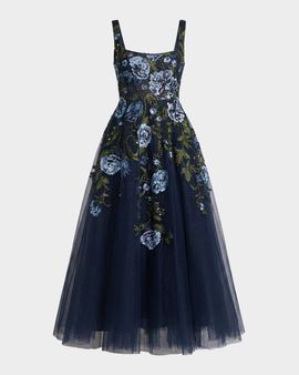 Mac Duggal Floral Embroidered Tulle Tea-Length Cocktail Dress