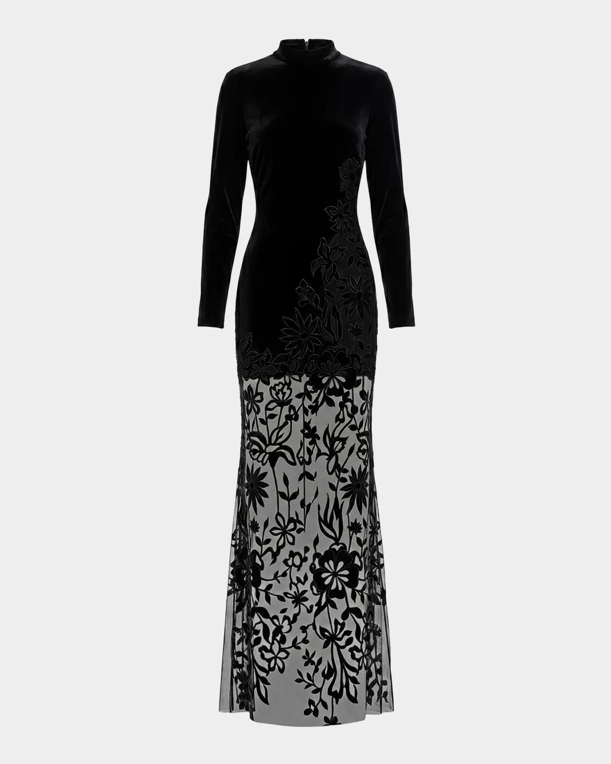 Mac Duggal Floral Mixed-Media Long-Sleeve Gown