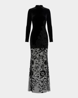 Mac Duggal Floral Mixed-Media Long-Sleeve Gown