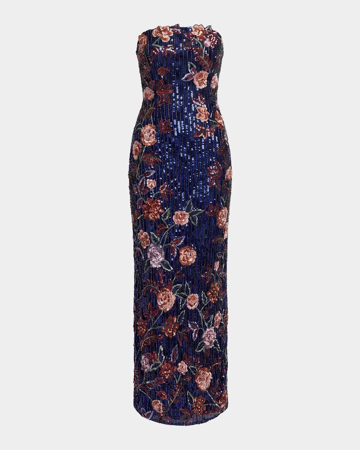 Mac Duggal Floral Sequin Strapless Column Dress