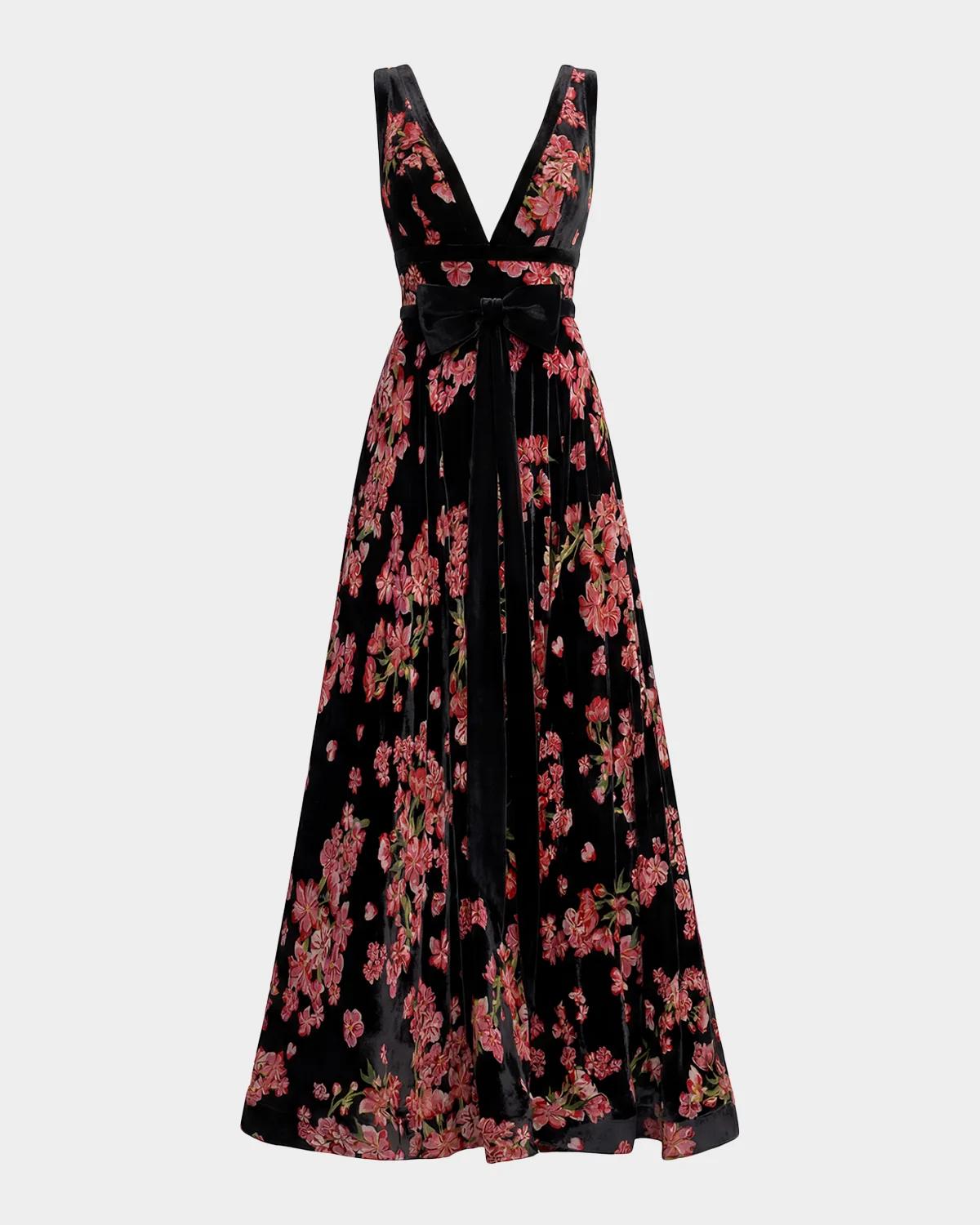Mac Duggal Floral Velvet Plunging V-Neck Ball Gown