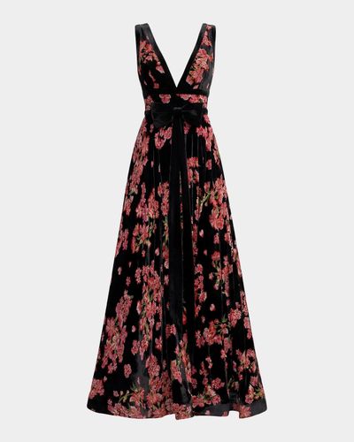 Mac Duggal Floral Velvet Plunging V-Neck Ball Gown