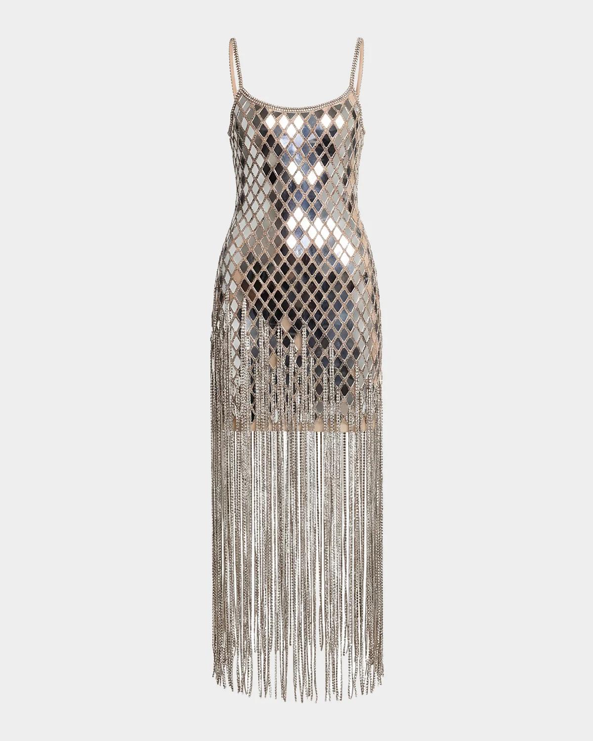 Mac Duggal Geometric Mirror Beaded Fringe Midi Dress