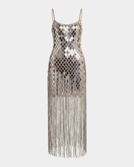 Mac Duggal Geometric Mirror Beaded Fringe Midi Dress