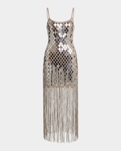 Mac Duggal Geometric Mirror Beaded Fringe Midi Dress