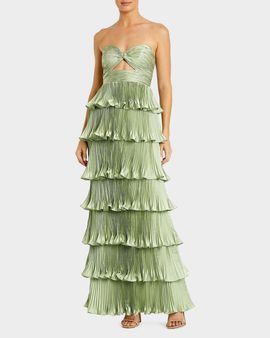 Mac Duggal Ieena Pleated Charmeuse Strapless Tiered Ruffle Gown