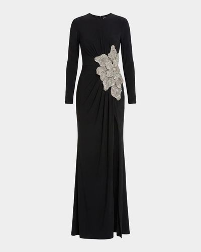 Mac Duggal Jersey Beaded Floral Long-Sleeve Gown