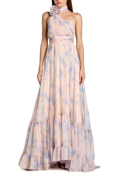 Mac Duggal Mac Duggal Asymmetrical Floral Halter Chiffon Gown with Ruffles