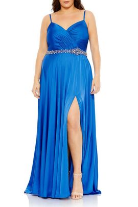 Mac Duggal Mac Duggal Beaded Belt Faux Wrap A Line Gown