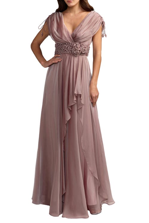 Mac Duggal Mac Duggal Beaded Chiffon Drapped Sleeves V Neck Gown