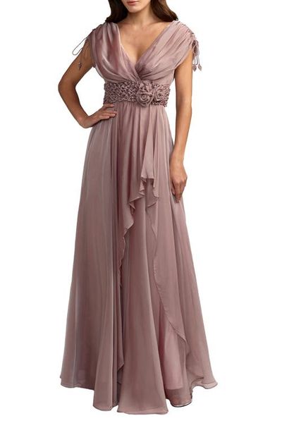 Mac Duggal Mac Duggal Beaded Chiffon Drapped Sleeves V Neck Gown