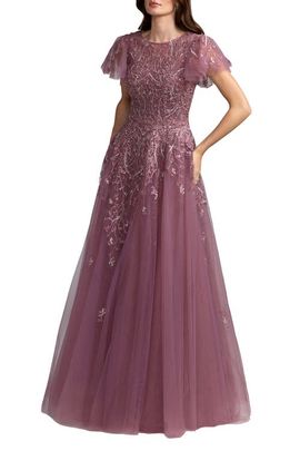 Mac Duggal Mac Duggal Beaded Embroidered Tulle Flutter Sleeve Ball Gown