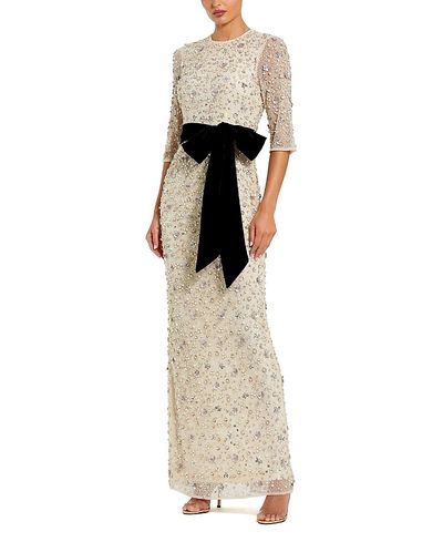 Mac Duggal Mac Duggal Beaded Mesh 3/4 Sleeve Column Gown with Bow Belt