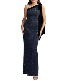 Mac Duggal Mac Duggal Beaded One Shoulder Gown With Velvet Bow